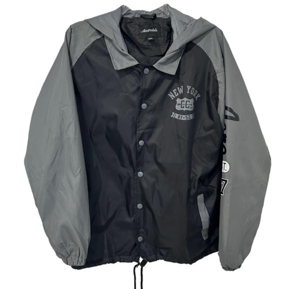 Aeropostale Mens Windbreaker Jacket Hood Black Gray Snap Down New York Logo  XXL